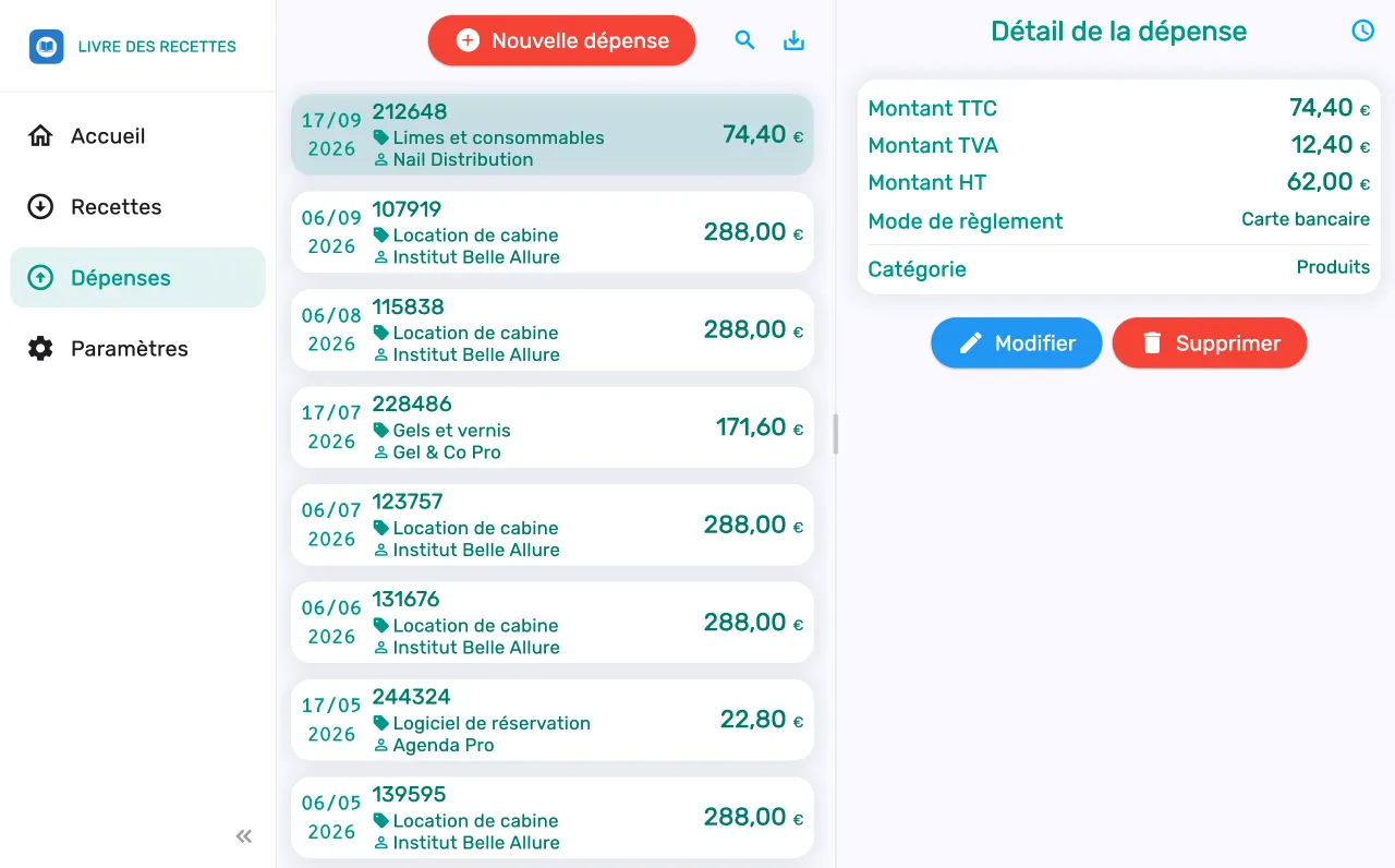 Liste des dépenses et détail d'une dépense avec le fournisseur, les montants et la TVA