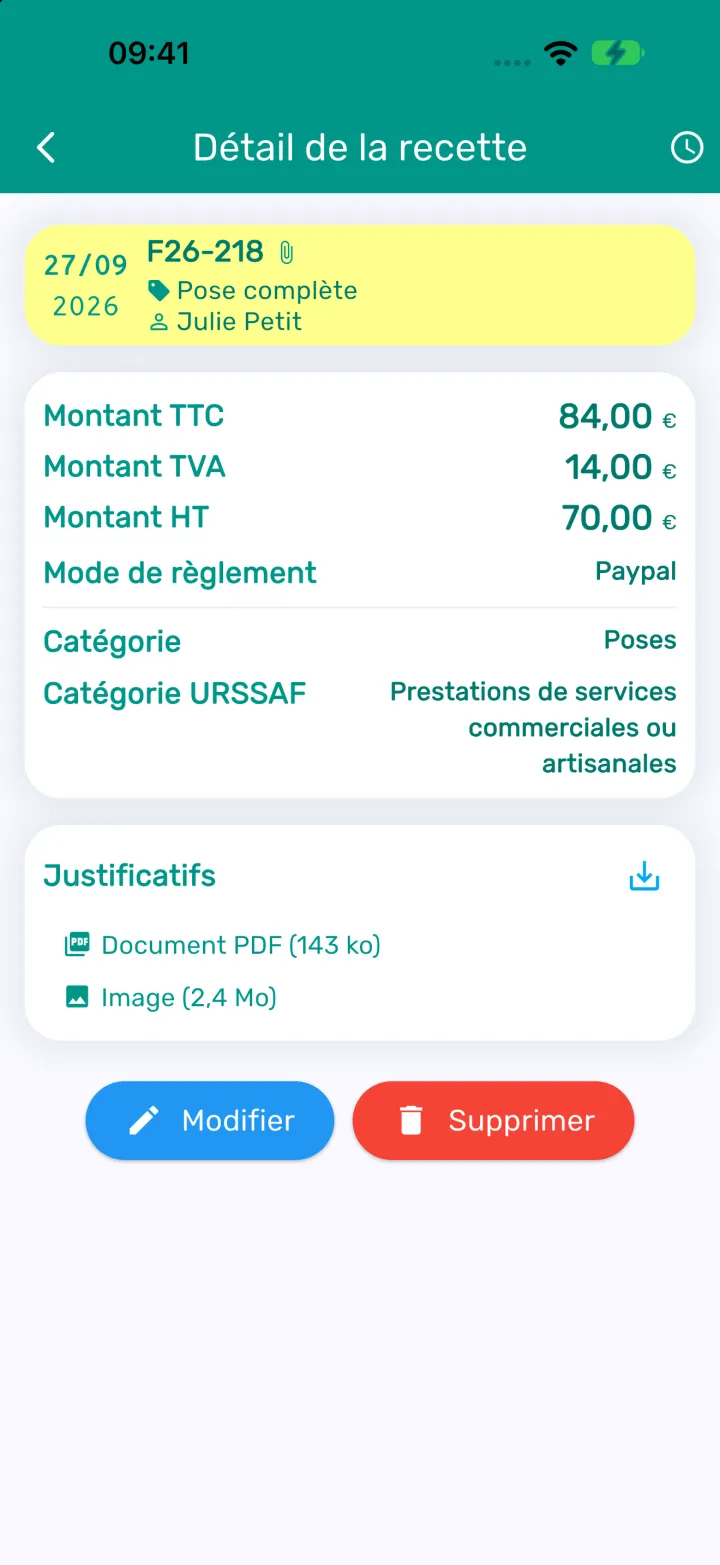 Détail d'une recette avec ses montants et ses justificatifs joints