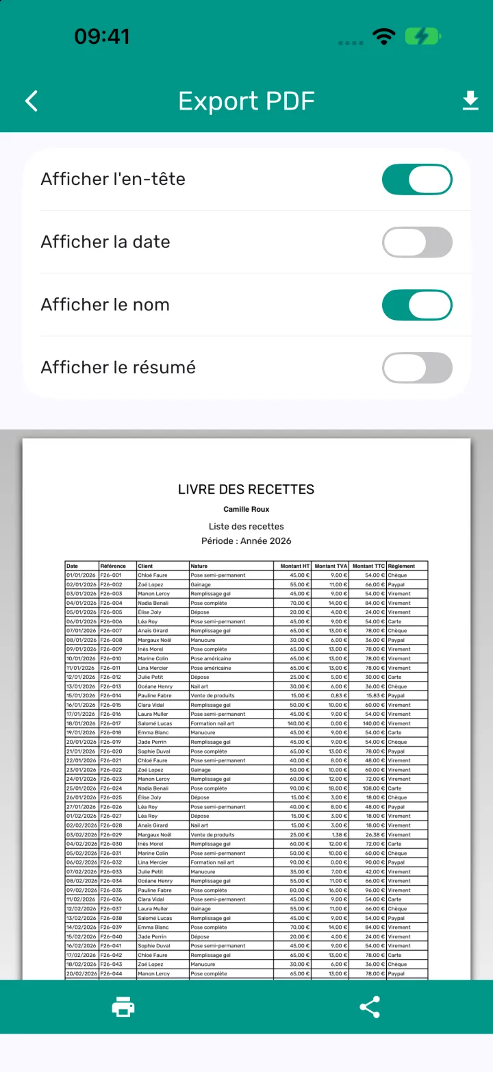 Aperçu de l'export PDF du livre des recettes