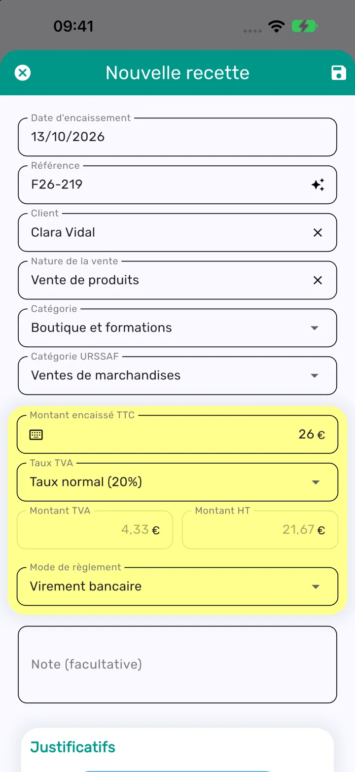 Formulaire de nouvelle recette avec le client, la nature de la vente, le montant et la TVA