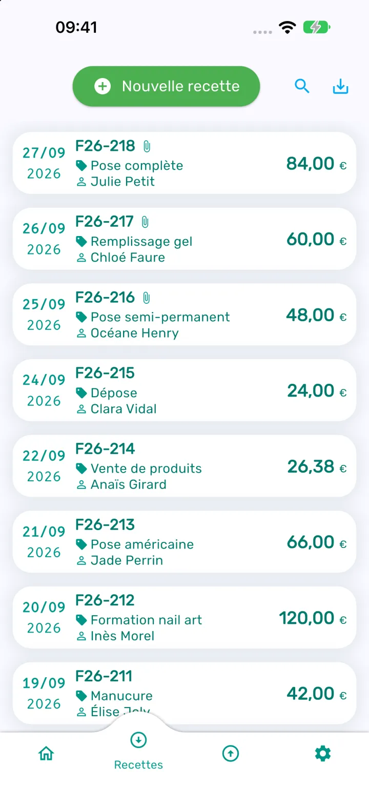 Liste des recettes avec la date, le client et le montant