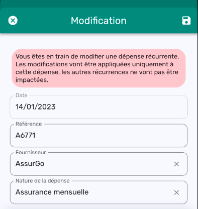 Modification d'une dépense générée