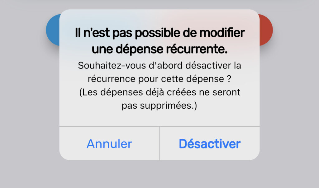 Avertissement lors de la modification de la dépense de base