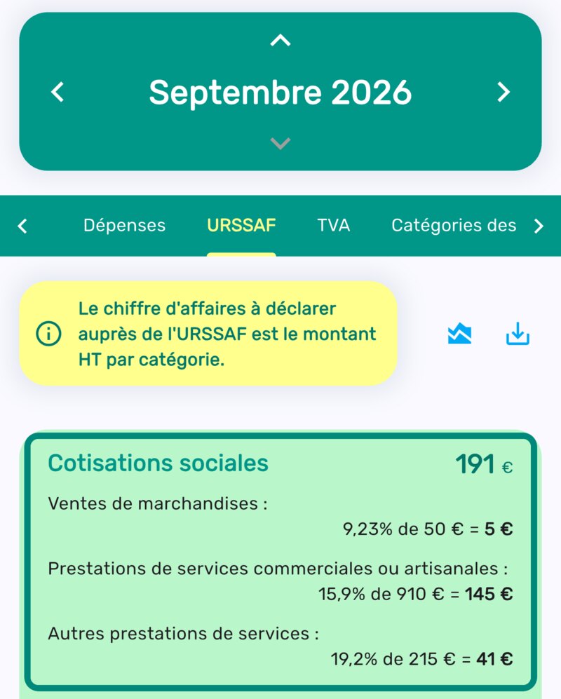 Détail du calcul des cotisations sociales avec les taux réduits de l'Acre dans l'onglet URSSAF, encadré