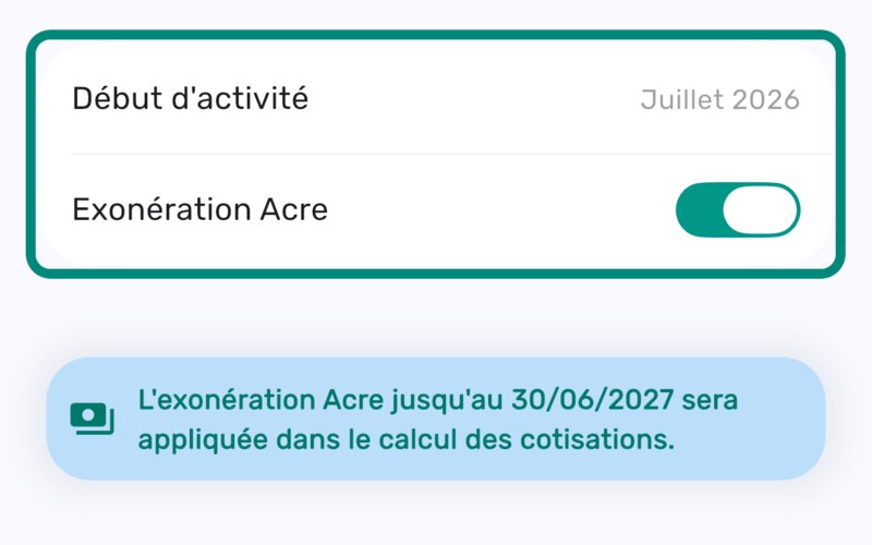 Début d'activité et option Exonération Acre encadrés dans les détails de l'entreprise, avec la date de fin de l'exonération