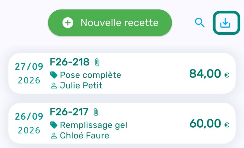 Icône d'export, une flèche vers le bas, encadrée en haut à droite de la liste des recettes, à côté du bouton Nouvelle recette