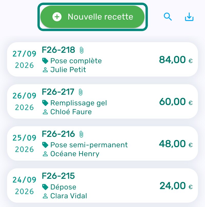 Liste des recettes de l'application Livre des recettes avec le bouton Nouvelle recette encadré