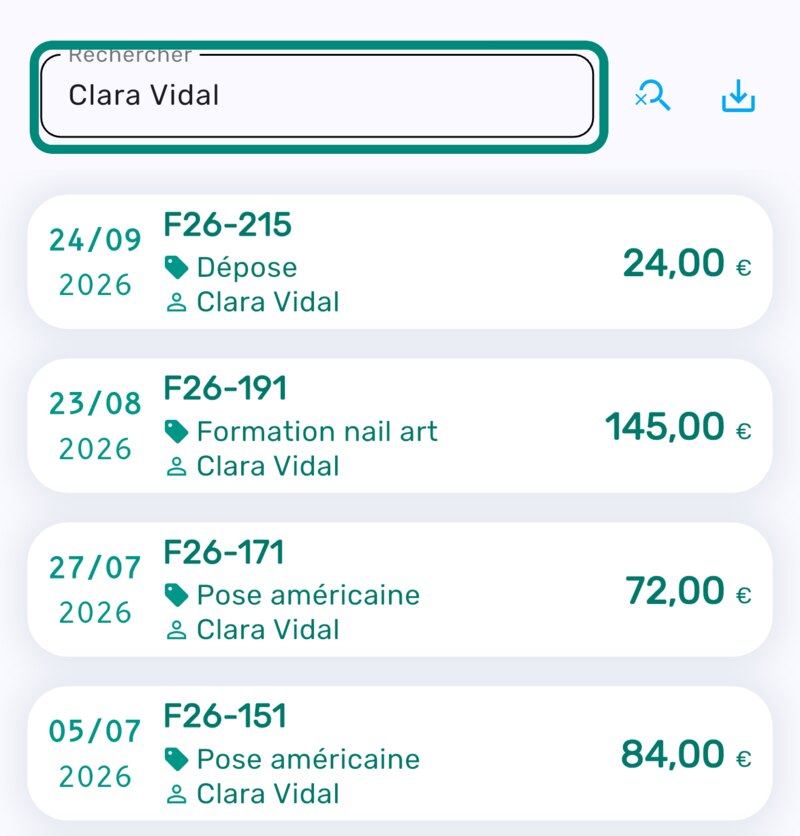 Champ de recherche encadré en haut de la liste des recettes, avec un client saisi et les recettes correspondantes