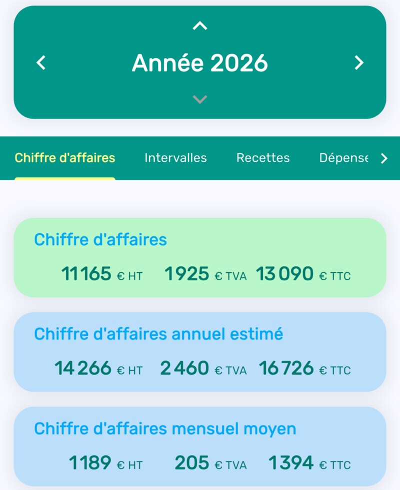 Chiffre d'affaires de l'année, chiffre d'affaires annuel estimé et chiffre d'affaires mensuel moyen dans l'application Livre des recettes