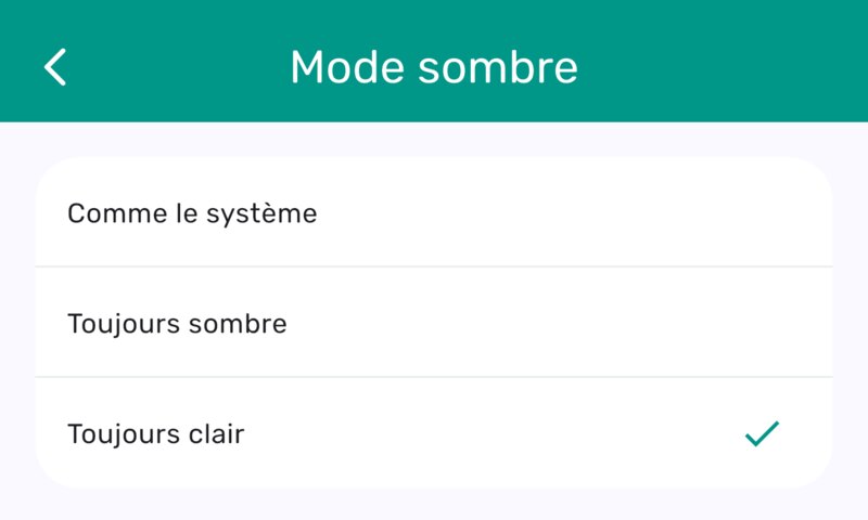 Les trois choix du mode sombre : Comme le système, Toujours sombre et Toujours clair