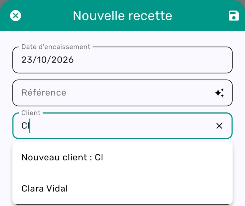 Champ Client proposant les clients existants à partir des premières lettres saisies