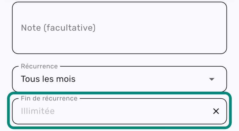 Formulaire de dépense avec la récurrence Tous les mois et le champ Fin de récurrence encadré