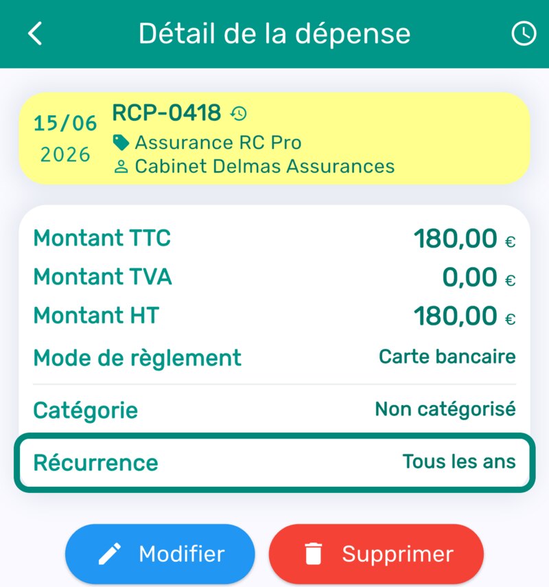 Détail d'une dépense récurrente avec la ligne Récurrence Tous les ans encadrée