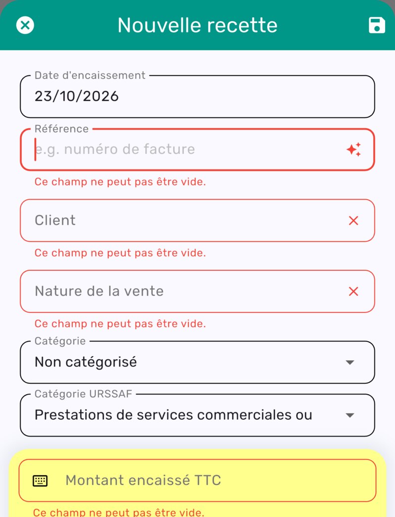 Messages d'erreur sous les champs obligatoires vides du formulaire de recette