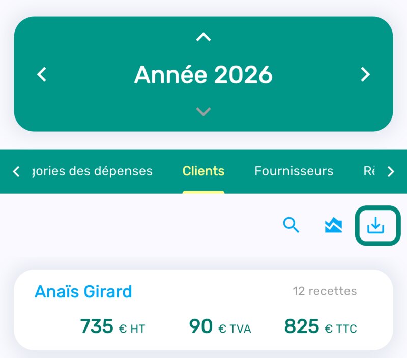 Accueil de Livre des recettes sur l'année 2026, onglet Clients, avec l'icône d'export encadrée au-dessus des totaux par client