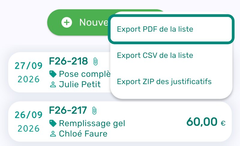 Menu d'export de la liste des recettes dans Livre des recettes, avec Export PDF de la liste encadré, Export CSV de la liste et Export ZIP des justificatifs