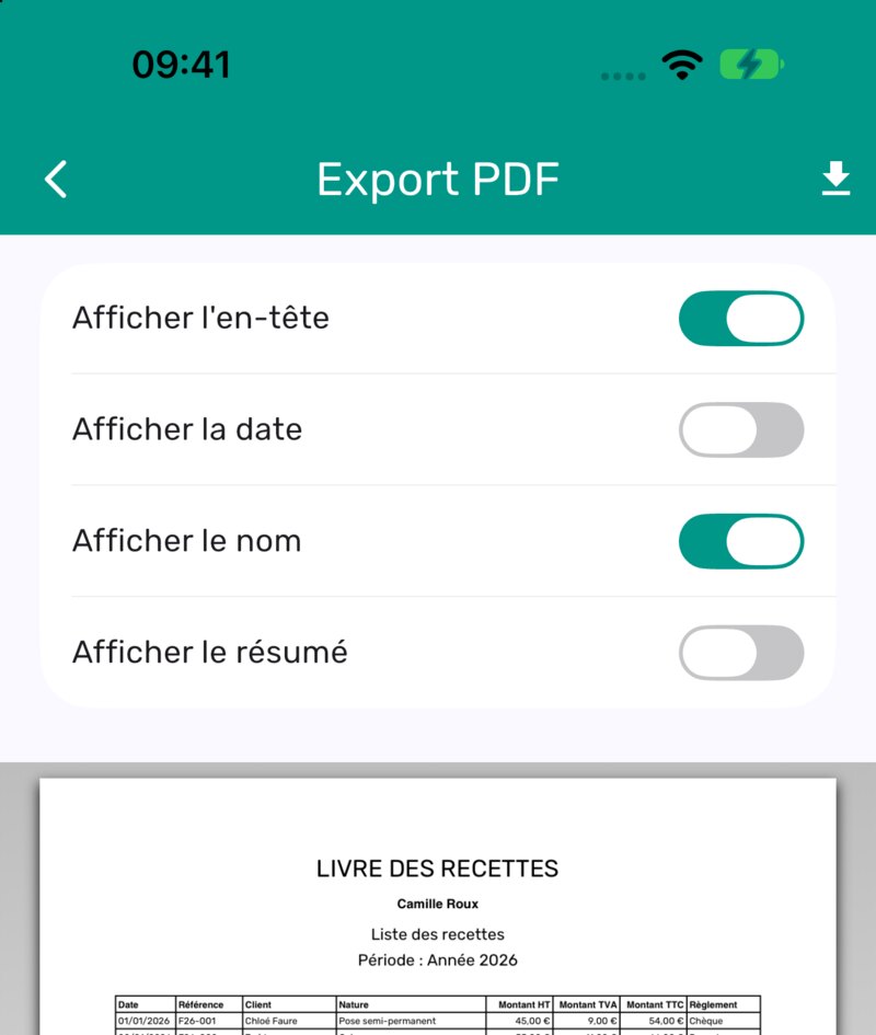 Aperçu de l'export PDF de la liste des recettes de l'année avec ses options d'affichage