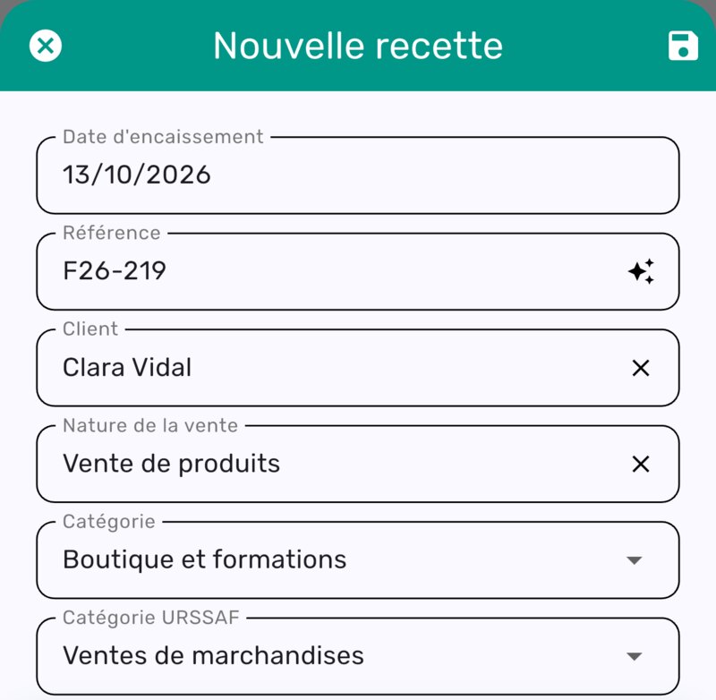 Formulaire Nouvelle recette avec la date d'encaissement, la référence, le client, la nature de la vente et les catégories