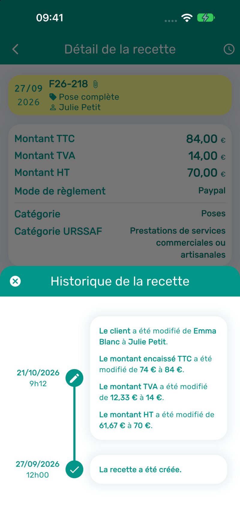 Historique d'une recette avec le client et les montants modifiés, la date et l'heure de chaque modification