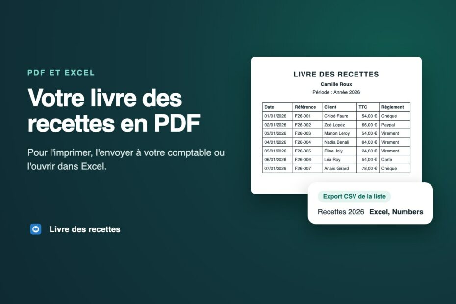 Livre des recettes en PDF, avec une page de recettes (date, référence, client, montant et règlement) et l'export CSV pour Excel