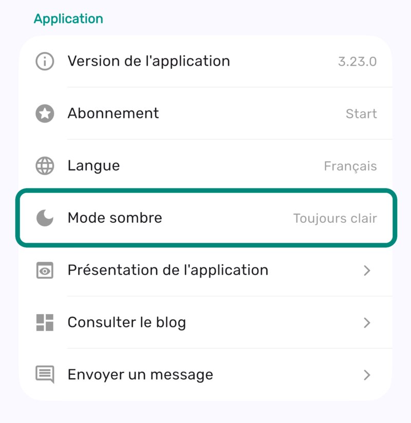 Option Mode sombre encadrée dans la rubrique Application des paramètres