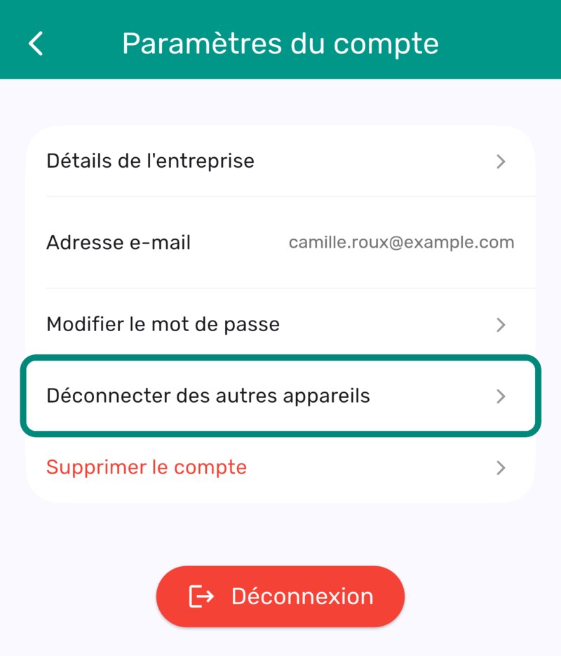 Paramètres du compte avec l'option Déconnecter des autres appareils encadrée