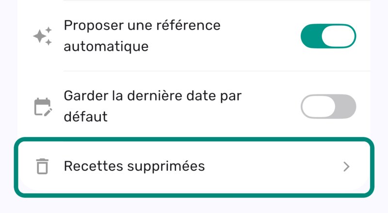 Option Recettes supprimées encadrée dans les paramètres des recettes