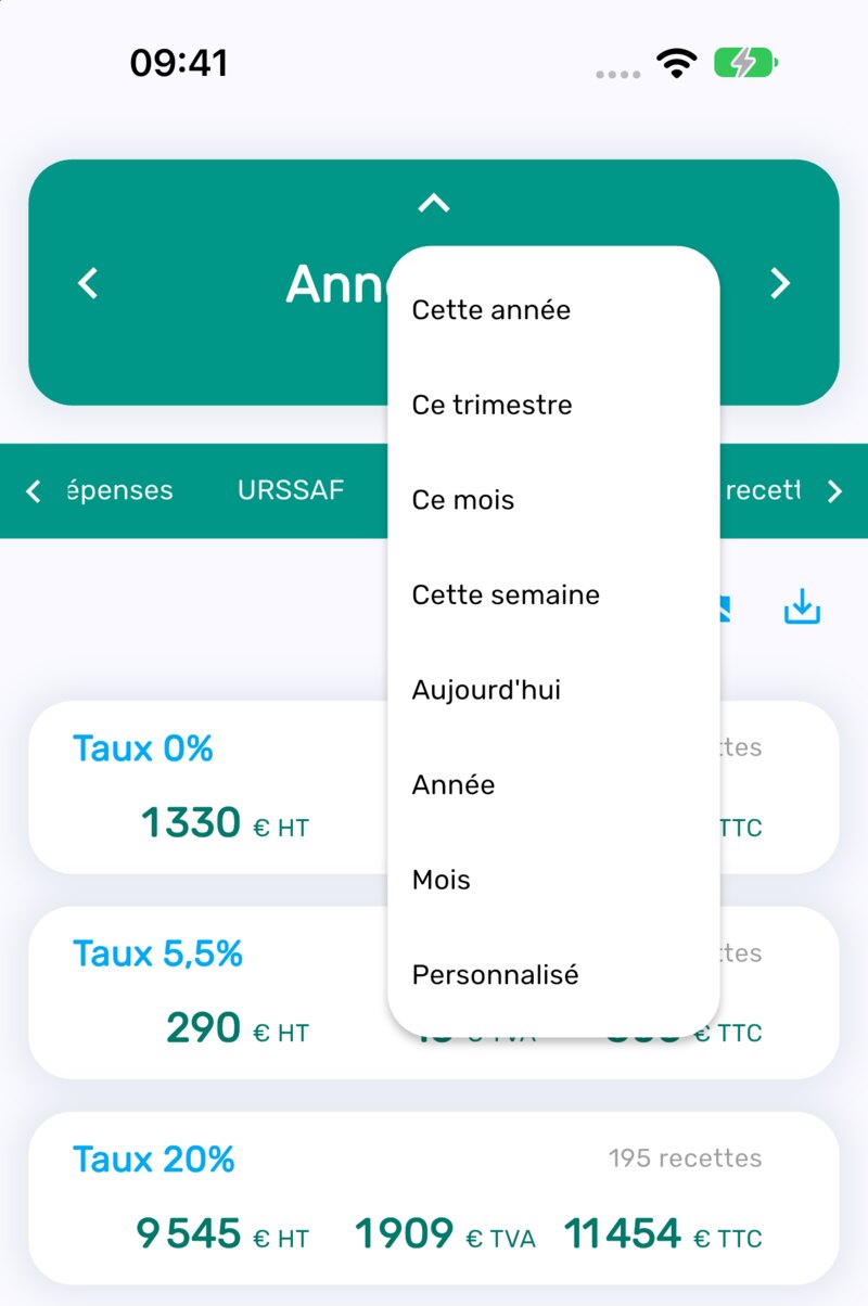 Menu de choix de la période dans Livre des recettes, avec les options Cette année, Ce trimestre, Ce mois et Personnalisé