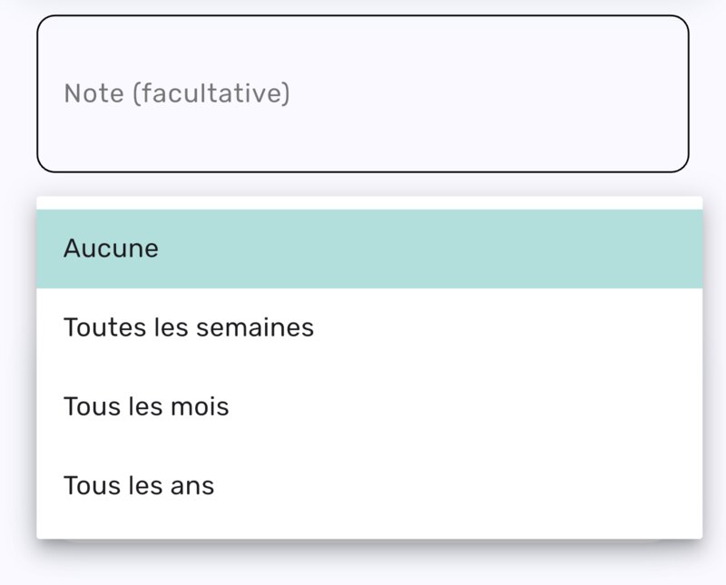 Champ Récurrence d'une nouvelle dépense avec les choix Toutes les semaines, Tous les mois et Tous les ans