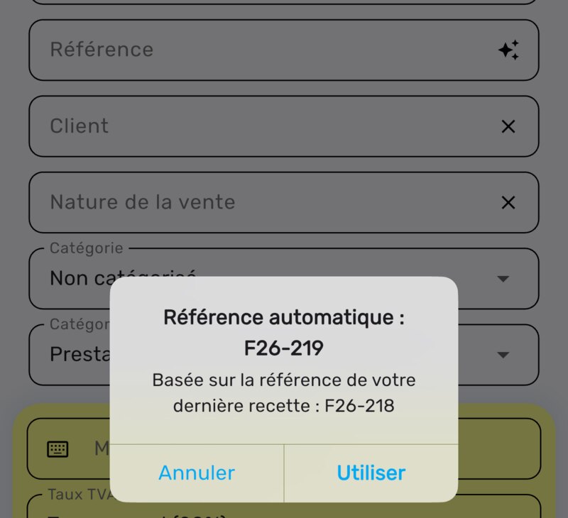 Proposition de référence automatique basée sur la référence de la dernière recette, avec le bouton Utiliser