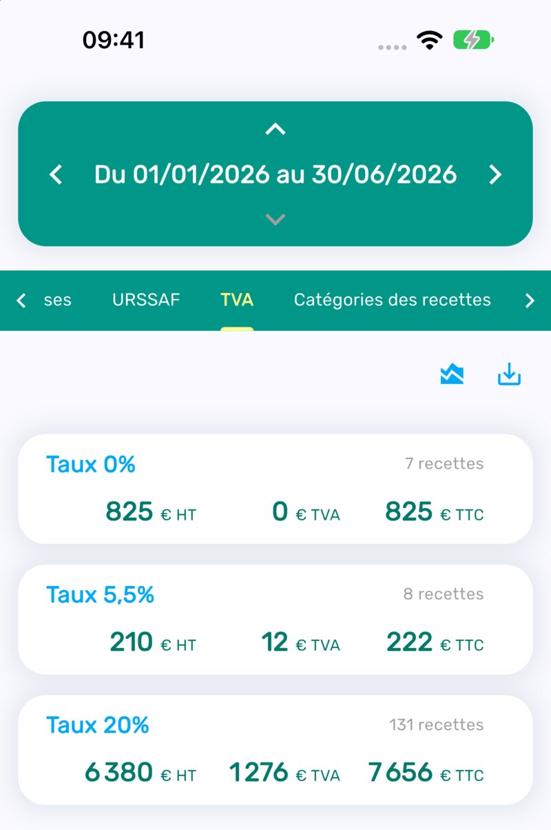 Montants de TVA par taux du 1er janvier au 30 juin 2026 dans Livre des recettes, pour estimer l'acompte de juillet
