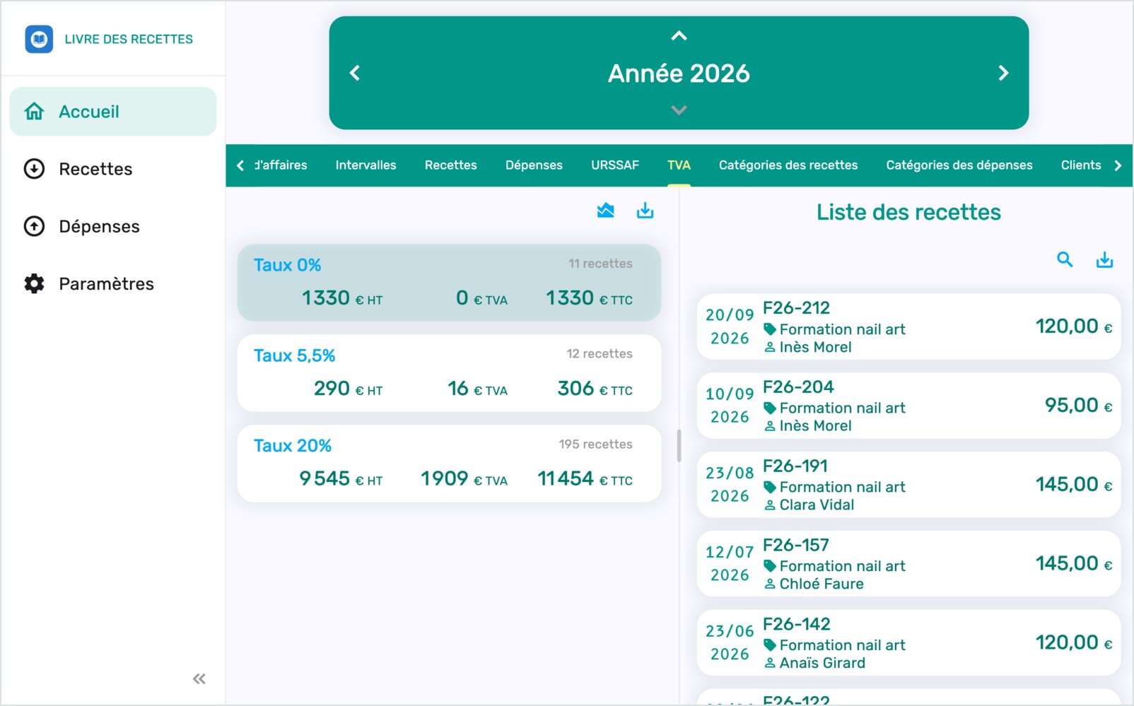 Onglet TVA de Livre des recettes sur ordinateur, avec les montants par taux à gauche et la liste des recettes du taux sélectionné à droite